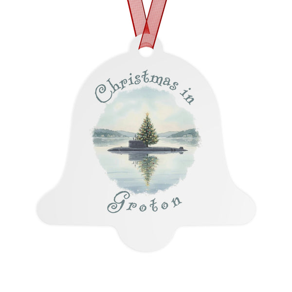 Christmas in Groton, CT Metal Ornament  - Submarine with Xmas Tree in Harbor, Local's Gift