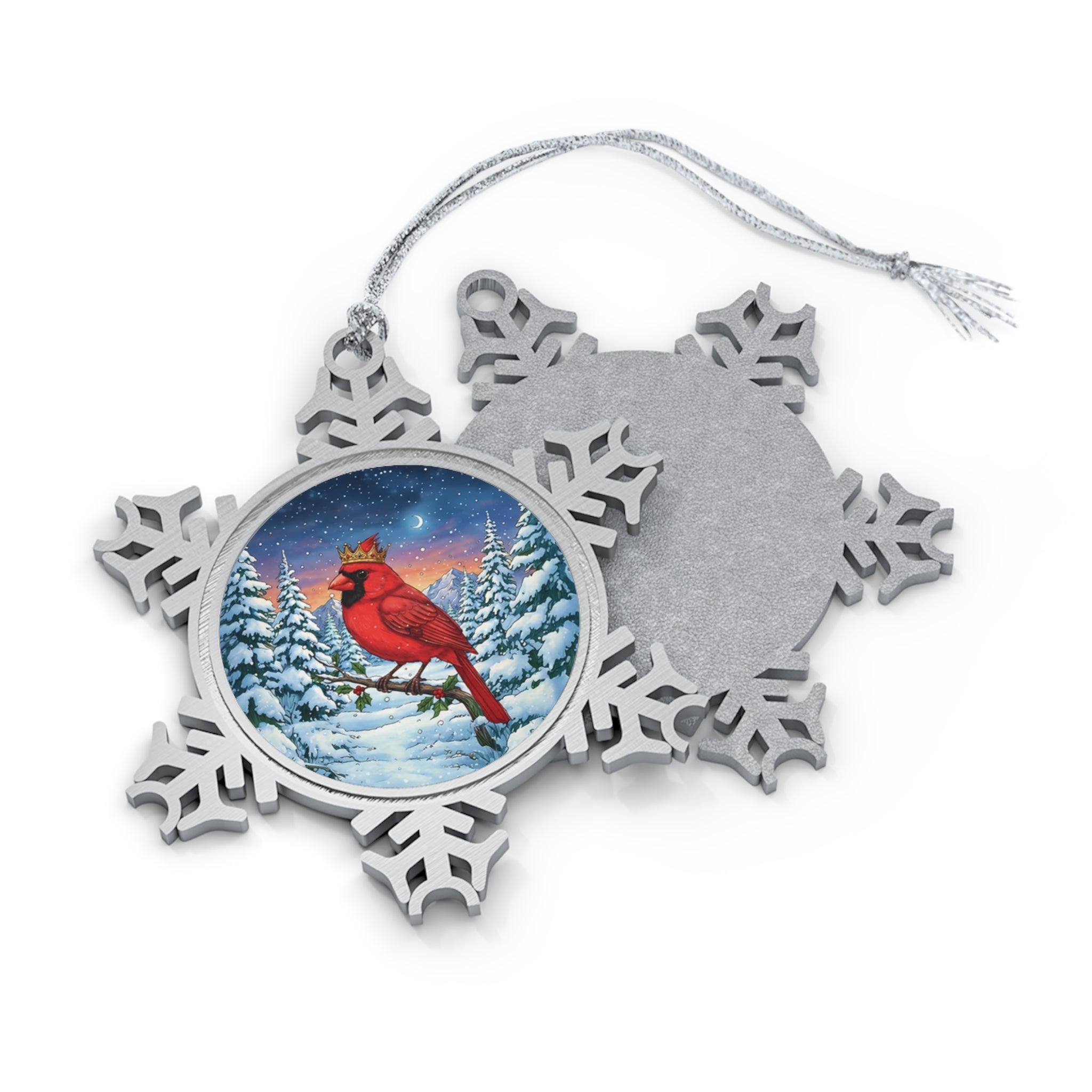Cardinal in Winter, Pewter Snowflake Ornament, Christmas Tree or Window Decoration, Winter Wonderland Keepsake
