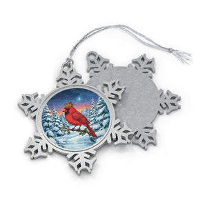 Cardinal in Winter, Pewter Snowflake Ornament, Christmas Tree or Window Decoration, Winter Wonderland Keepsake