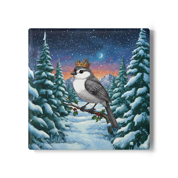 Titmouse with Crown Ceramic Coaster, Holiday Home Decor, Birds with Hats, Farmhouse Kitchen Christmas Gift