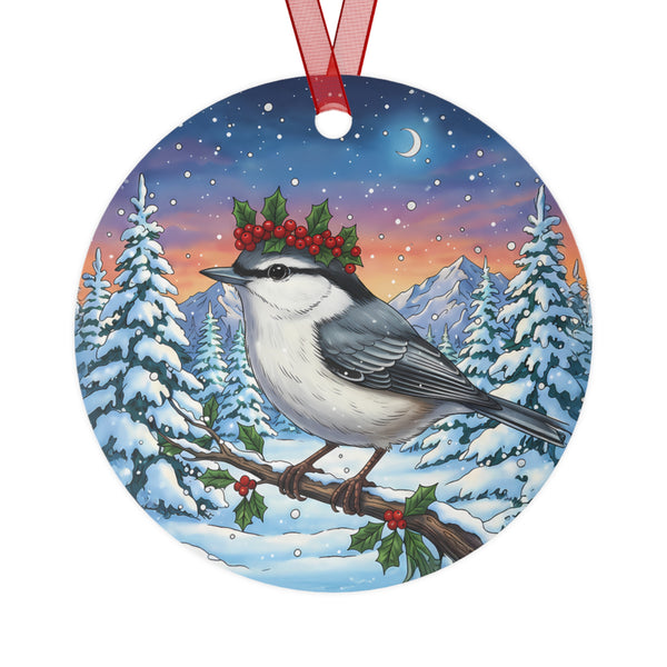 Nuthatch with Holly Berry Crown in a Winter Wonderland Scene Hanging Metal Christmas Tree Ornament