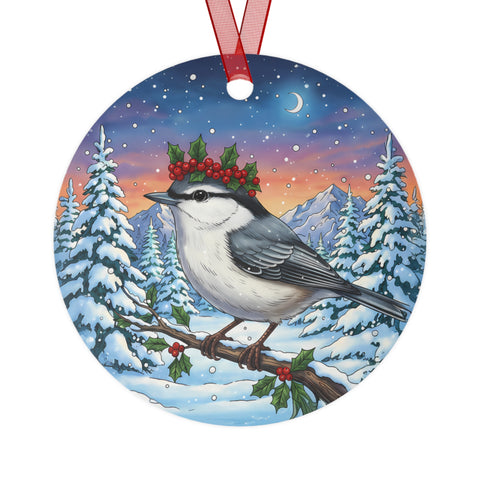 Nuthatch with Holly Berry Crown in a Winter Wonderland Scene Hanging Metal Christmas Tree Ornament