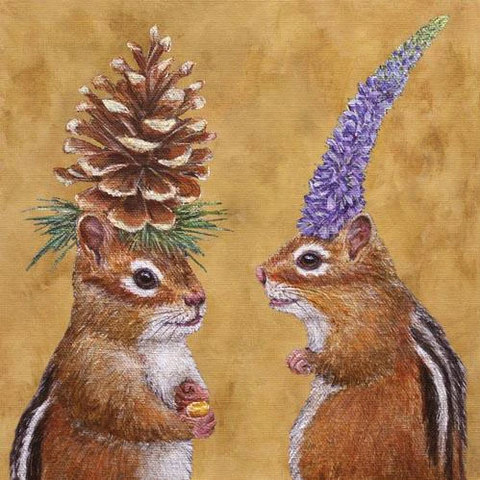 Chipmunk Courtship -  Chipmunk Wearing Foliage Hats Beverage Napkins with Artwork by Vicki Sawyer