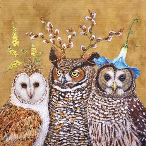 Owl Family - Owls with Foliage Hats Beverage Napkins with Artwork by Vicki Sawyer