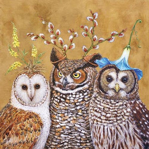 Owl Family - Owls with Foliage Hats Beverage Napkins with Artwork by Vicki Sawyer