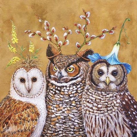 Owl Family - Owls with Foliage Hats Beverage Napkins with Artwork by Vicki Sawyer