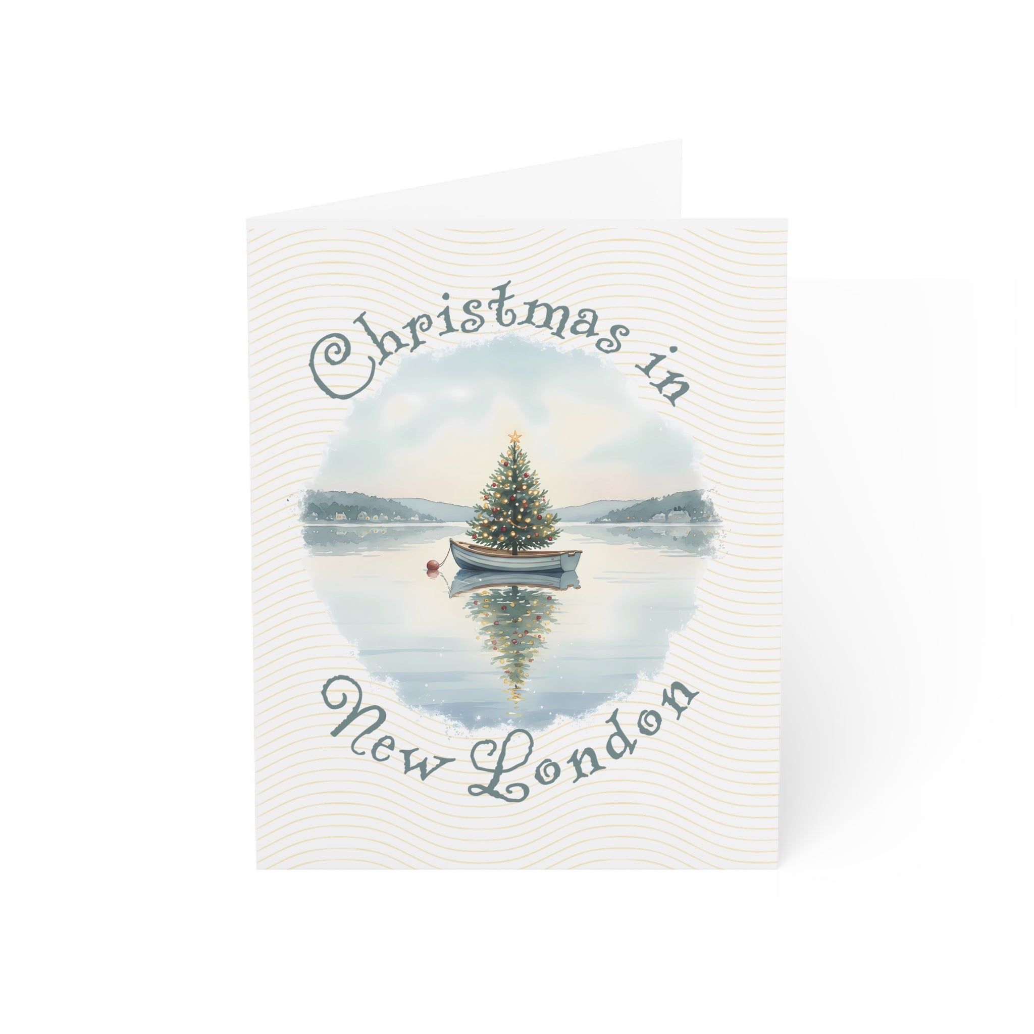 Christmas in New London Greeting Card – Dingy Boat with Xmas Tree Holiday Card (1/10/30/50 pcs) 4.25" x 5.5"