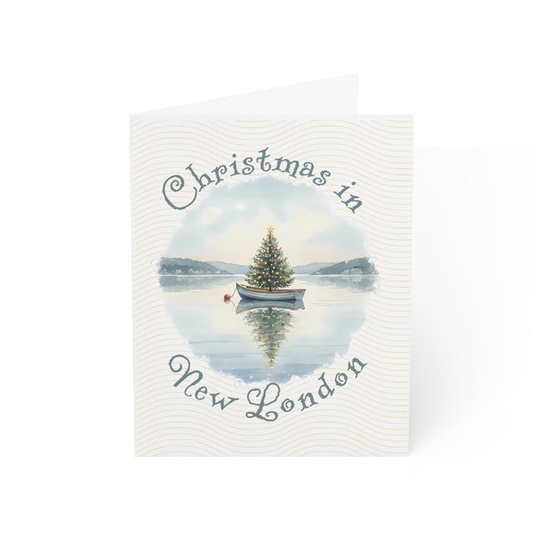 Christmas in New London Greeting Card – Dingy Boat with Xmas Tree Holiday Card (1/10/30/50 pcs) 4.25" x 5.5"