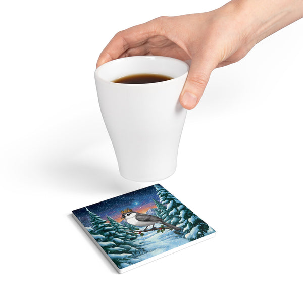 Titmouse with Crown Ceramic Coaster, Holiday Home Decor, Birds with Hats, Farmhouse Kitchen Christmas Gift