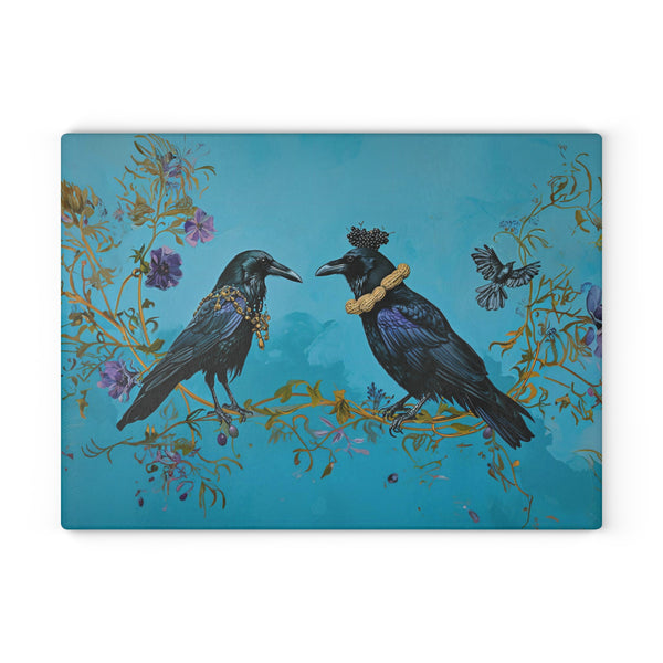Crow and Raven Wearing Peanut Necklaces and a Blackberry Hat - Glass Cutting Board on