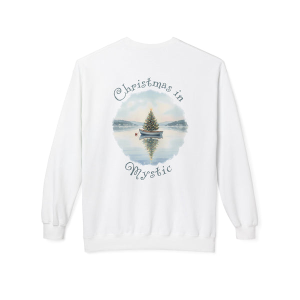 Christmas in Mystic, Fleece Crewneck Sweatshirt  - Dinghy Boat with Xmas Tree in Harbor, Local's Gift