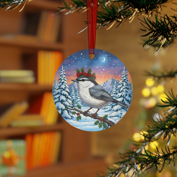 Nuthatch with Holly Berry Crown in a Winter Wonderland Scene Hanging Metal Christmas Tree Ornament