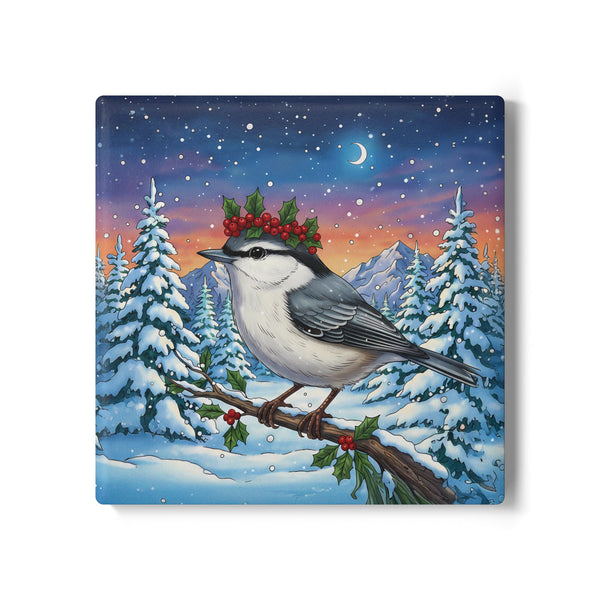 Nuthatch with Holly Berry with Crown Ceramic Coaster, Holiday Home Decor, Farmhouse Kitchen, Birds With Hats Lover Christmas Gift