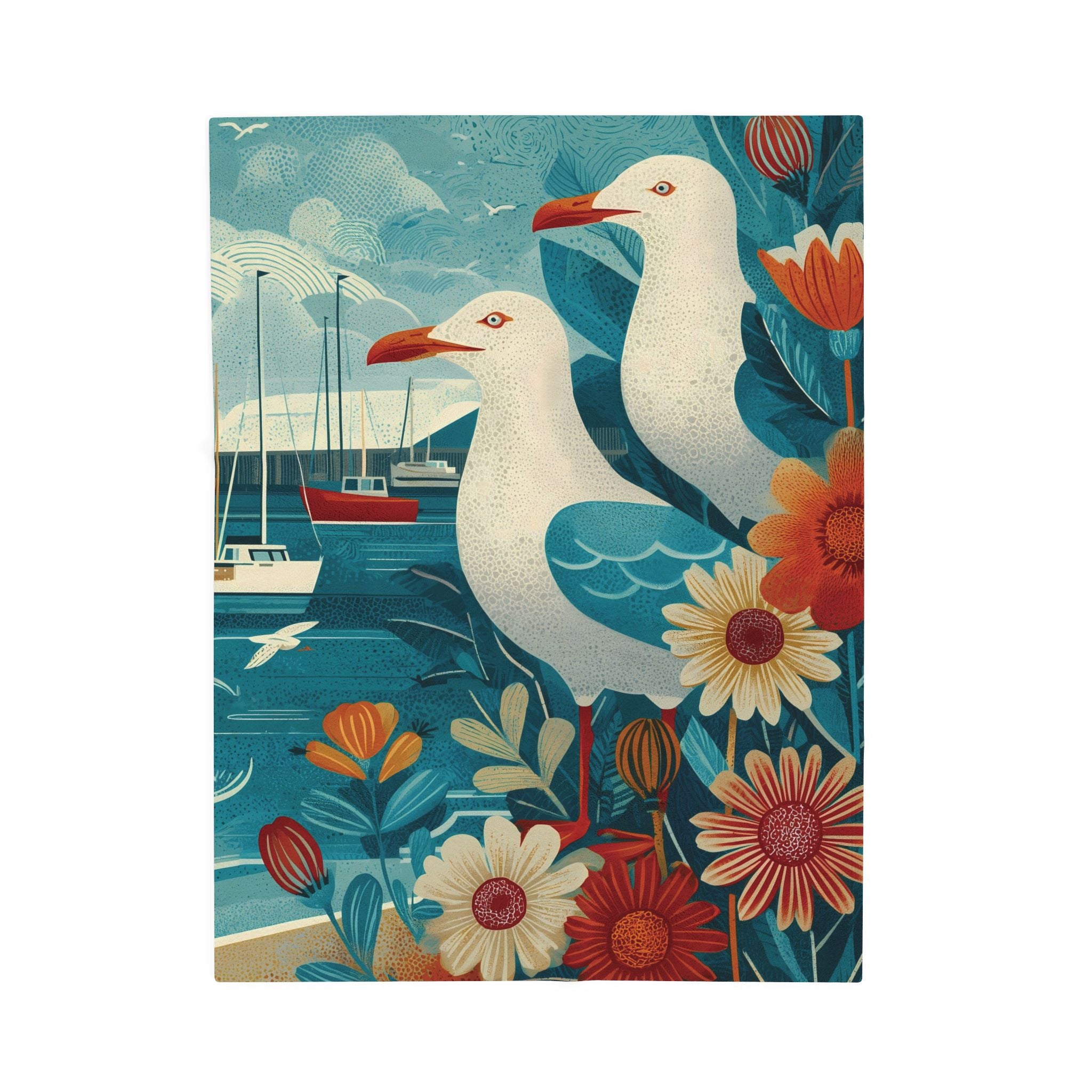 Plush Throw Blanket - Seagull Vintage Folk Art Illustration, Coastal Living Decor, Soft, Lightweight
