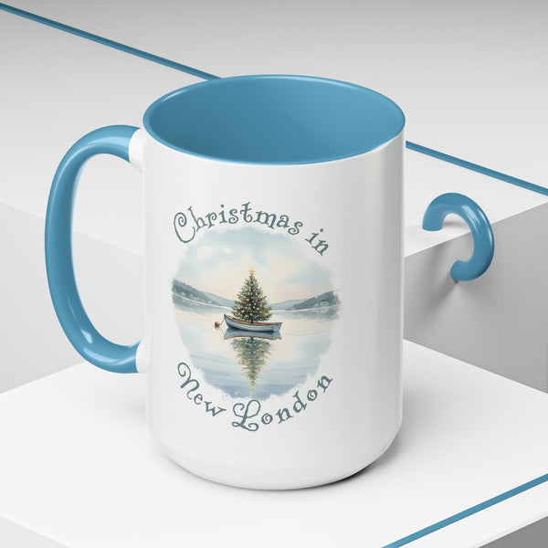 Christmas in New London, CT Accent Coffee Mug  - Dinghy Boat with Xmas Tree in Harbor, Local's Gift