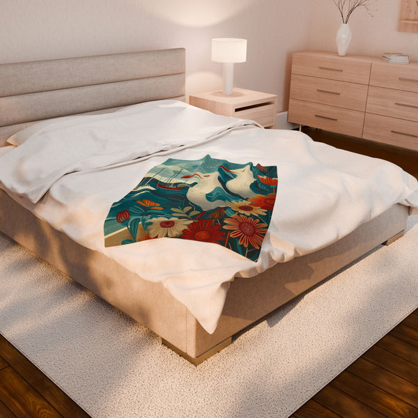 Plush Throw Blanket - Seagull Vintage Folk Art Illustration, Coastal Living Decor, Soft, Lightweight