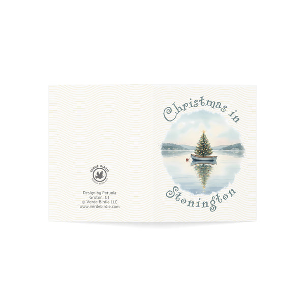 Christmas in Stonington Greeting Card – Dingy Boat with Xmas Tree Holiday Card (1/10/30/50 pcs) 4.25" x 5.5"