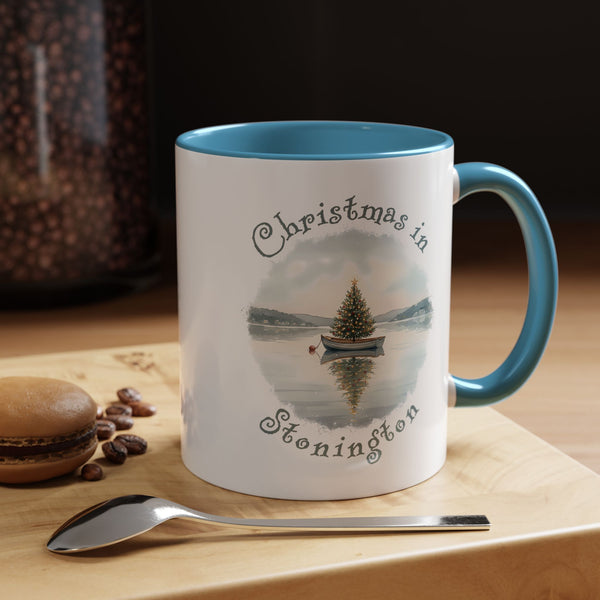 Christmas in Stonington, CT Accent Coffee Mug  - Dinghy Boat with Xmas Tree in Harbor, Local's Gift