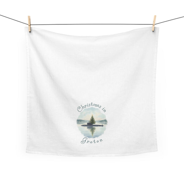 Christmas in Groton, CT Flour Sack Tea Towel  - Submarine with Xmas Tree in Harbor, Local's Gift