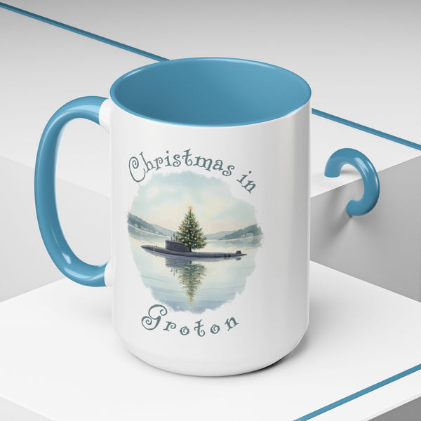 Christmas in Groton, CT Accent Coffee Mug  - Submarine with Xmas Tree in Harbor, Local's Gift