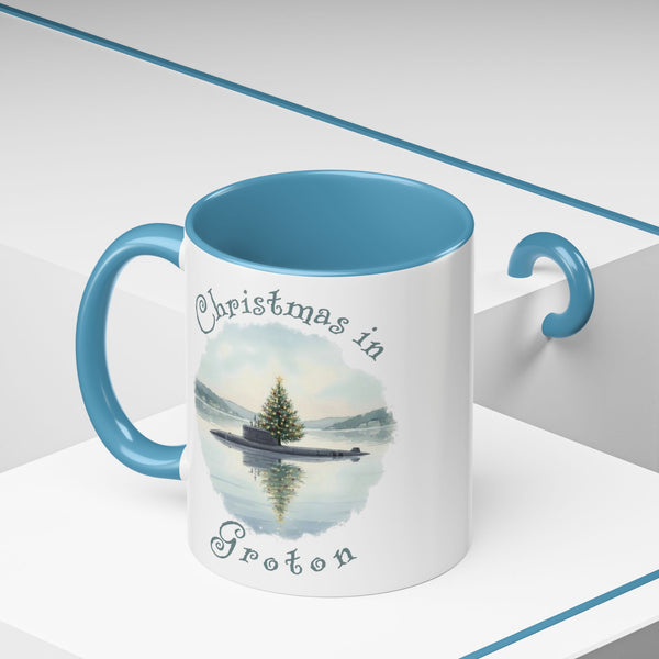 Christmas in Groton, CT Accent Coffee Mug  - Submarine with Xmas Tree in Harbor, Local's Gift