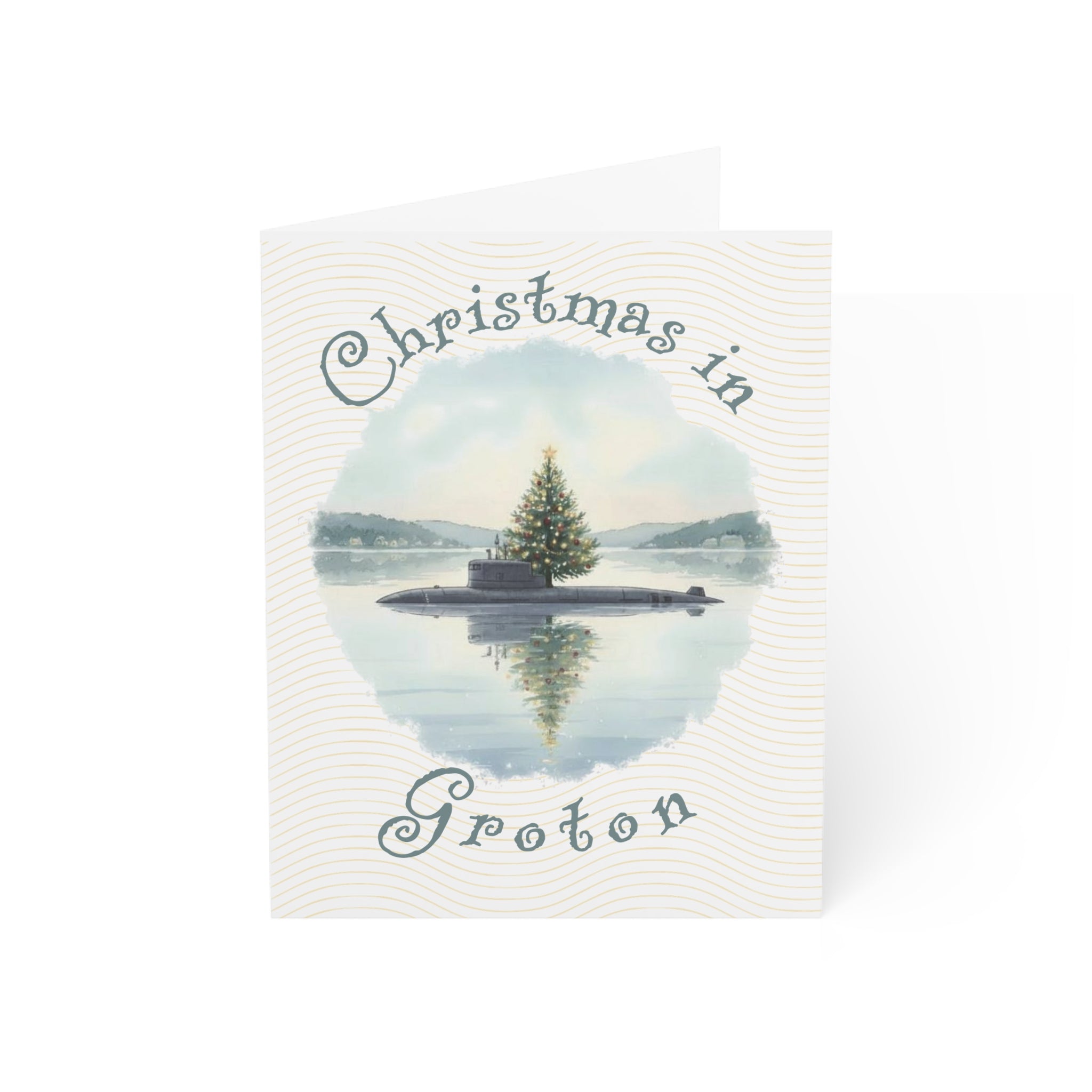 Christmas in Groton Greeting Card – Submarine with Xmas Tree Holiday Card (1/10/30/50 pcs) 4.25" x 5.5"