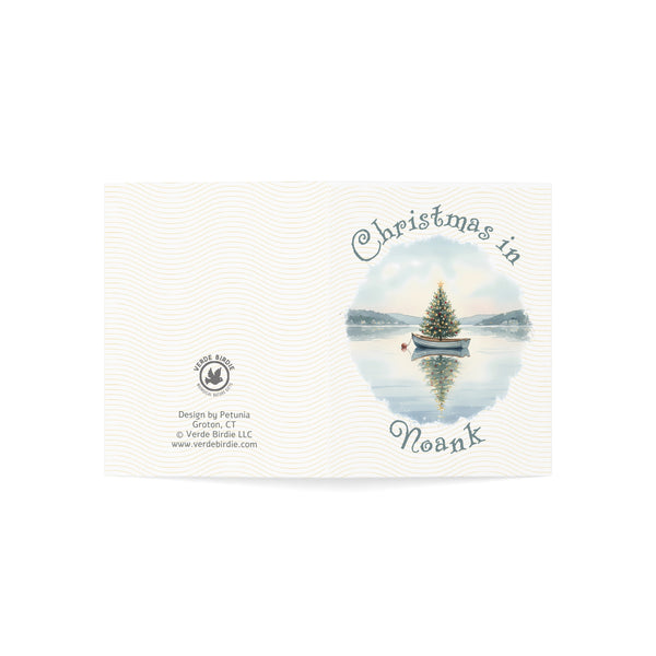 Christmas in Noank Greeting Card – Dingy Boat with Xmas Tree Holiday Card (1/10/30/50 pcs) 4.25" x 5.5"