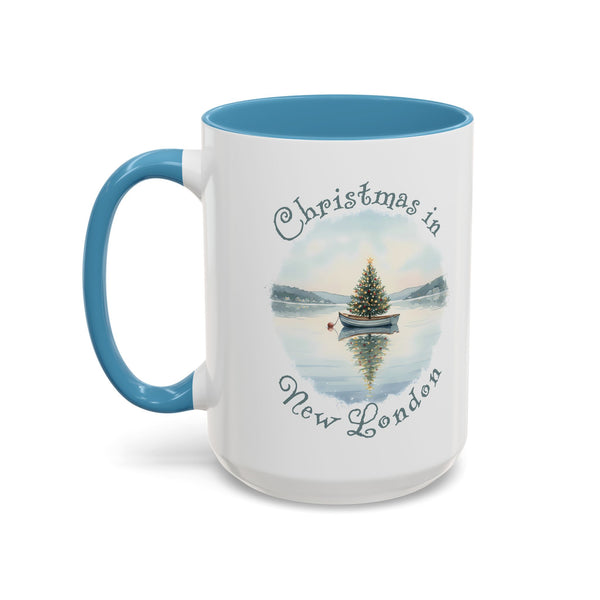 Christmas in New London, CT Accent Coffee Mug  - Dinghy Boat with Xmas Tree in Harbor, Local's Gift
