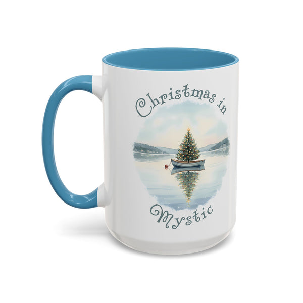 Christmas in Mystic, CT Accent Coffee Mug  - Dinghy Boat with Xmas Tree in Harbor, Local's Gift