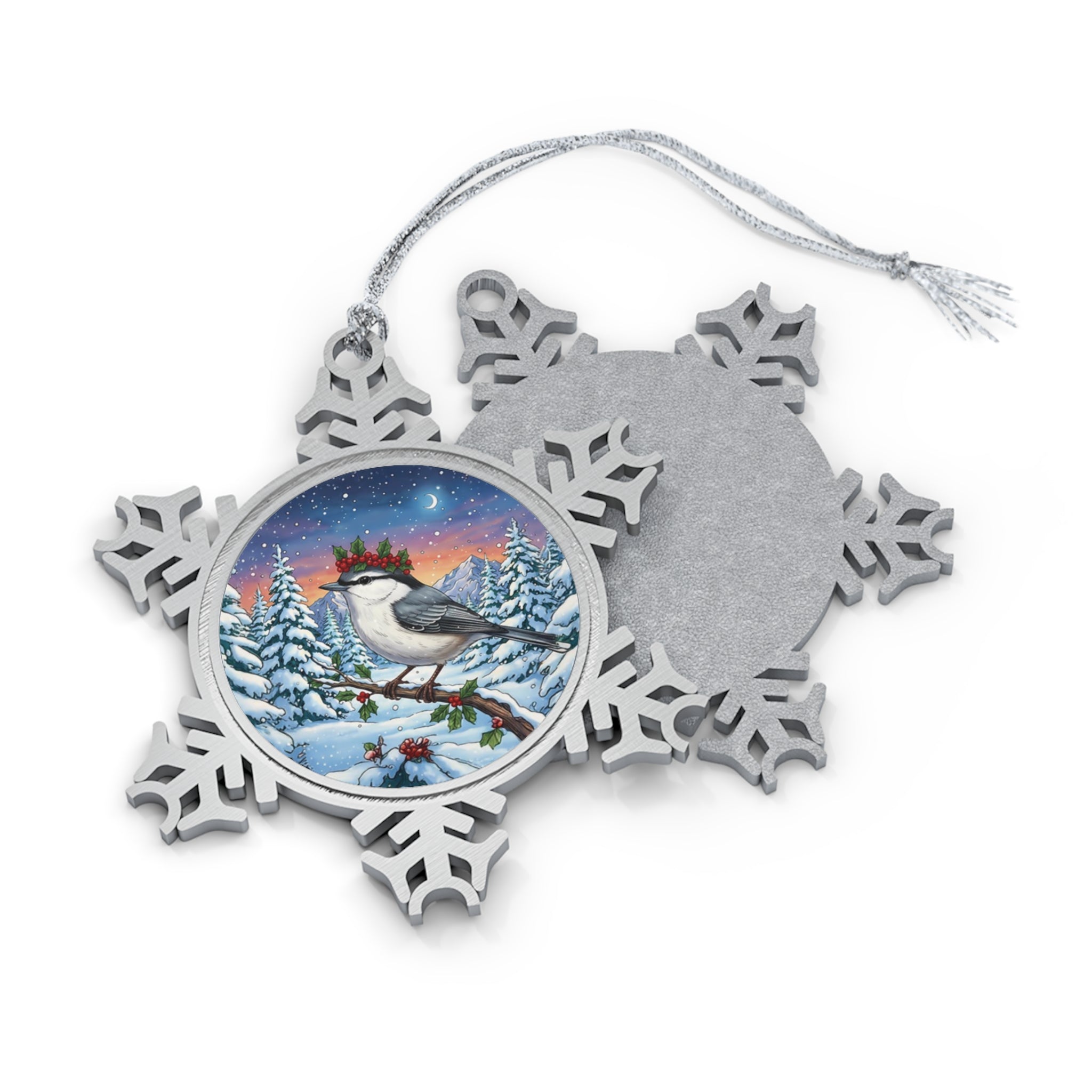 Nuthatch in Winter, Pewter Snowflake Ornament, Christmas Tree or Window Decoration, Winter Wonderland Keepsake