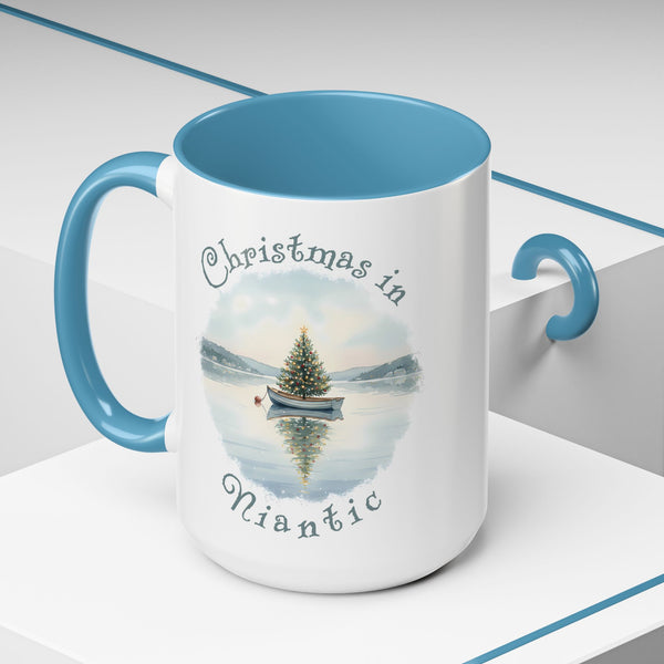 Christmas in Niantic, CT Accent Coffee Mug  - Dinghy Boat with Xmas Tree in Harbor, Local's Gift