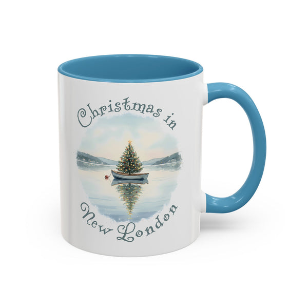 Christmas in New London, CT Accent Coffee Mug  - Dinghy Boat with Xmas Tree in Harbor, Local's Gift