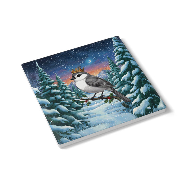 Titmouse with Crown Ceramic Coaster, Holiday Home Decor, Birds with Hats, Farmhouse Kitchen Christmas Gift