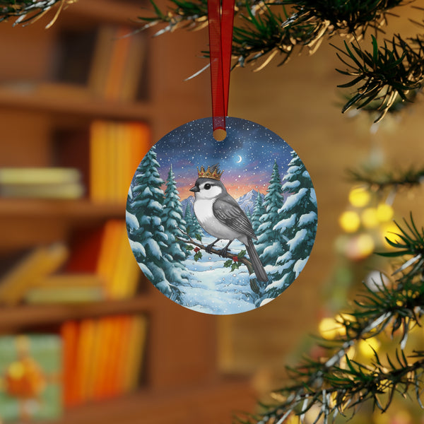 Titmouse with Jeweled Gold Crown in a Winter Wonderland Scene Hanging Metal Christmas Tree Ornament