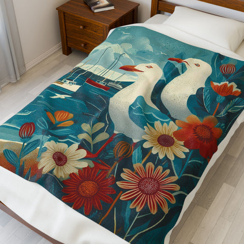 Plush Throw Blanket - Seagull Vintage Folk Art Illustration, Coastal Living Decor, Soft, Lightweight