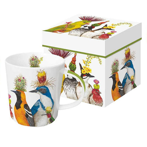 "The Entourage" Beautiful Birds with Foliage Hats Gift-Boxed Mug - Artwork by Vicki Sawyer