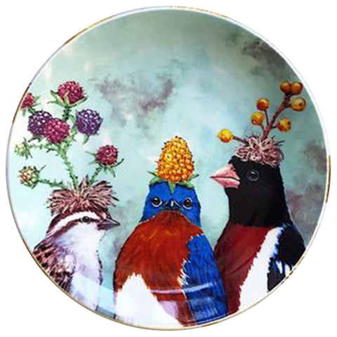 Berry Festival, Birds with Berry Hats, 7-inch Round Appetizer Plate, New Bone China - Artwork by Vicki Sawyer