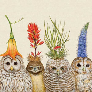 Big Hat Night - Owl Birds Wearing Hats Beverage Napkins with Artwork by Vicki Sawyer