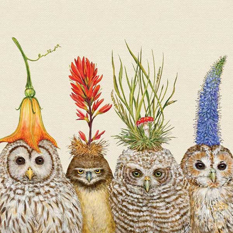 Big Hat Night - Owl Birds Wearing Hats Beverage Napkins with Artwork by Vicki Sawyer