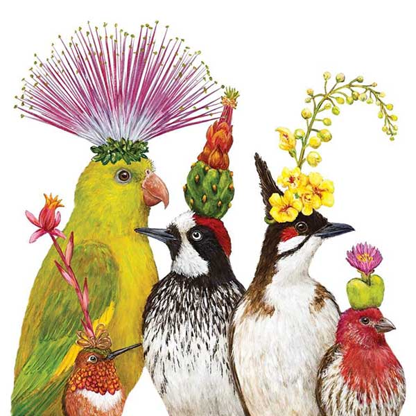 The Entourage - Beautiful Birds with Foliage Hats LUNCH or DINNER Napkins with Artwork by Vicki Sawyer