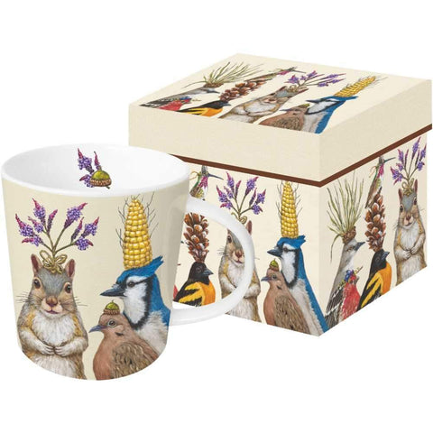 "Party Snacks" Cute Backyard Bird and Squirrel-Themed Gift-Boxed Mug - Artwork by Vicki Sawyer