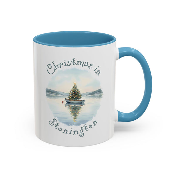 Christmas in Stonington, CT Accent Coffee Mug  - Dinghy Boat with Xmas Tree in Harbor, Local's Gift