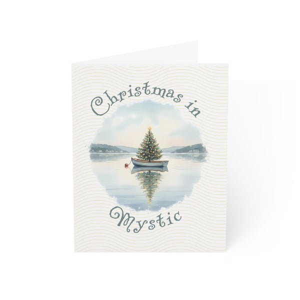 Christmas in Mystic Greeting Card – Dingy Boat with Xmas Tree Holiday Card (1/10/30/50 pcs) 4.25" x 5.5"