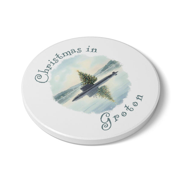 Christmas in Groton, CT Ceramic Coaster - Submarine with Xmas Tree in Harbor, Local's Gift