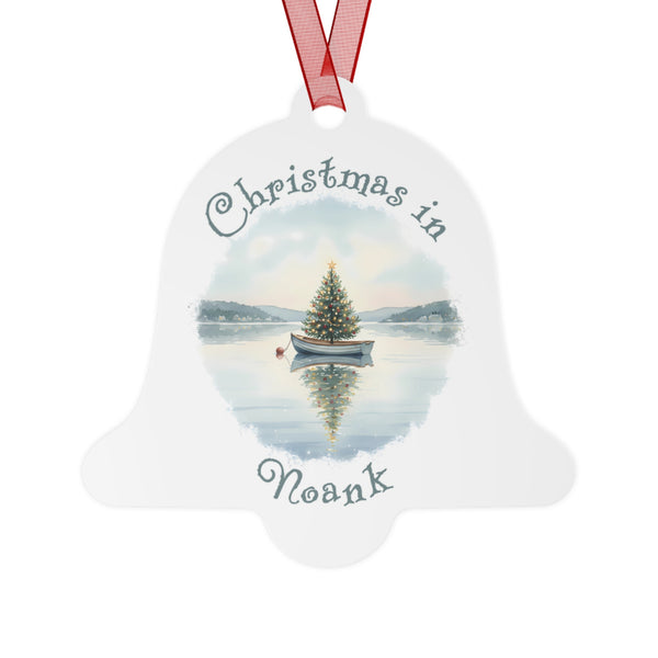 Christmas in Noank, CT Metal Ornament  - Dinghy Boat with Xmas Tree in Harbor, Local's Keepsake Gift