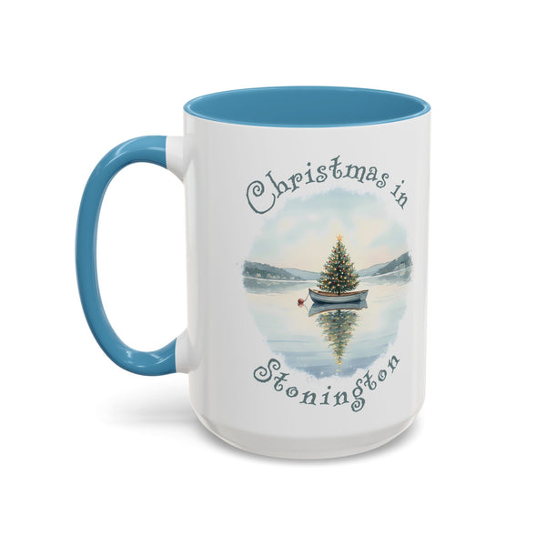 Christmas in Stonington, CT Accent Coffee Mug  - Dinghy Boat with Xmas Tree in Harbor, Local's Gift