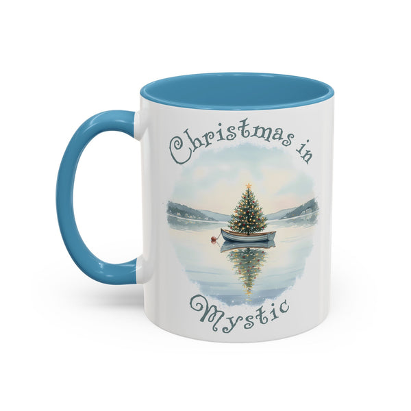 Christmas in Mystic, CT Accent Coffee Mug  - Dinghy Boat with Xmas Tree in Harbor, Local's Gift