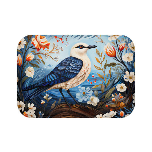 Seagull Bird and Flowers Folk Art Coastal Bath or Bedside Mat