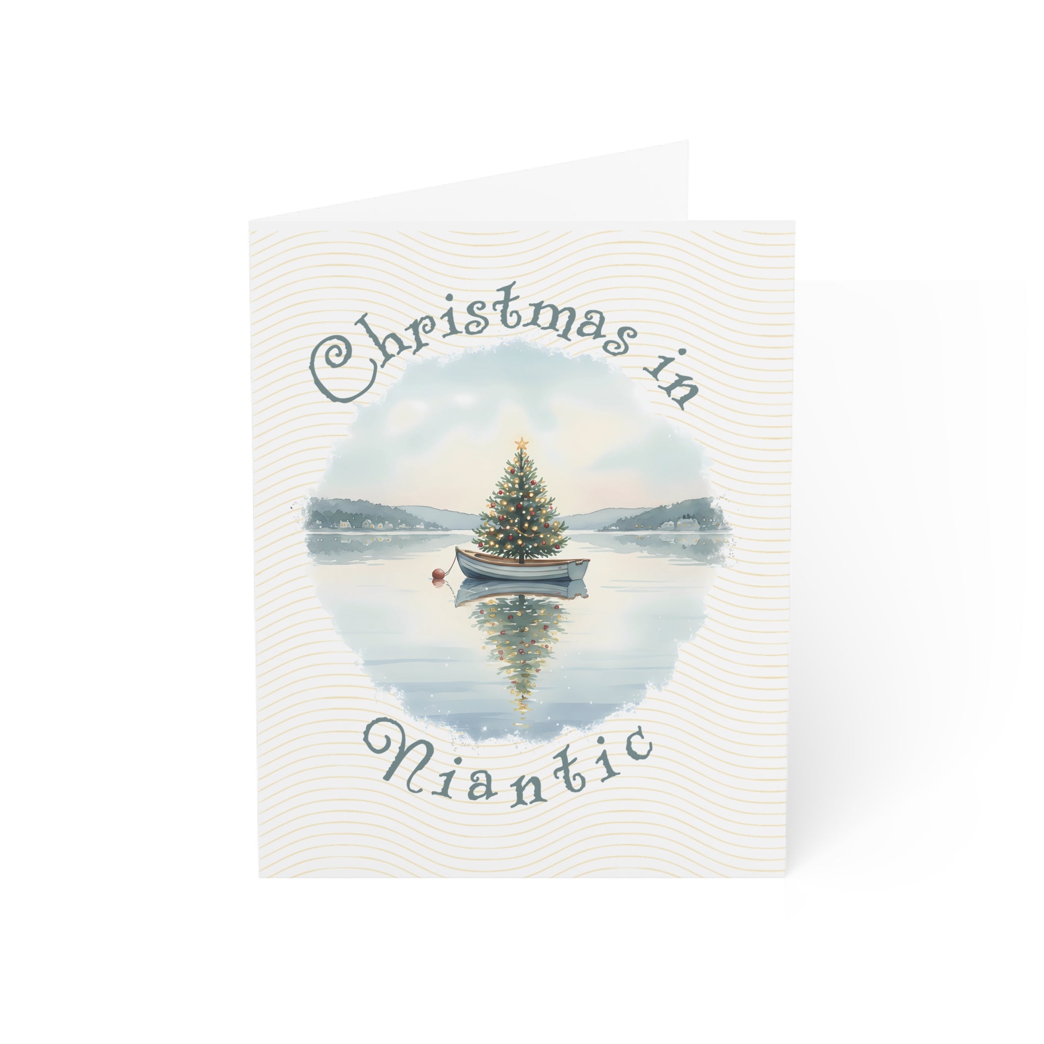 Christmas in Niantic Greeting Card – Dingy Boat with Xmas Tree Holiday Card (1/10/30/50 pcs) 4.25" x 5.5"