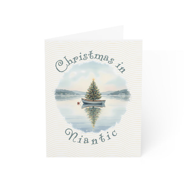 Christmas in Niantic Greeting Card – Dingy Boat with Xmas Tree Holiday Card (1/10/30/50 pcs) 4.25" x 5.5"